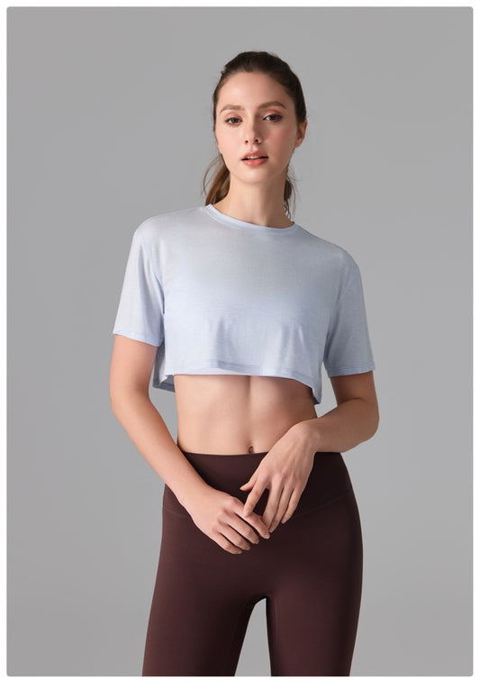 Lycra sports T-shirt pullover, loose short style, see-through, quick-drying, soft-touch top, fitness short-sleeved, running, yoga clothing